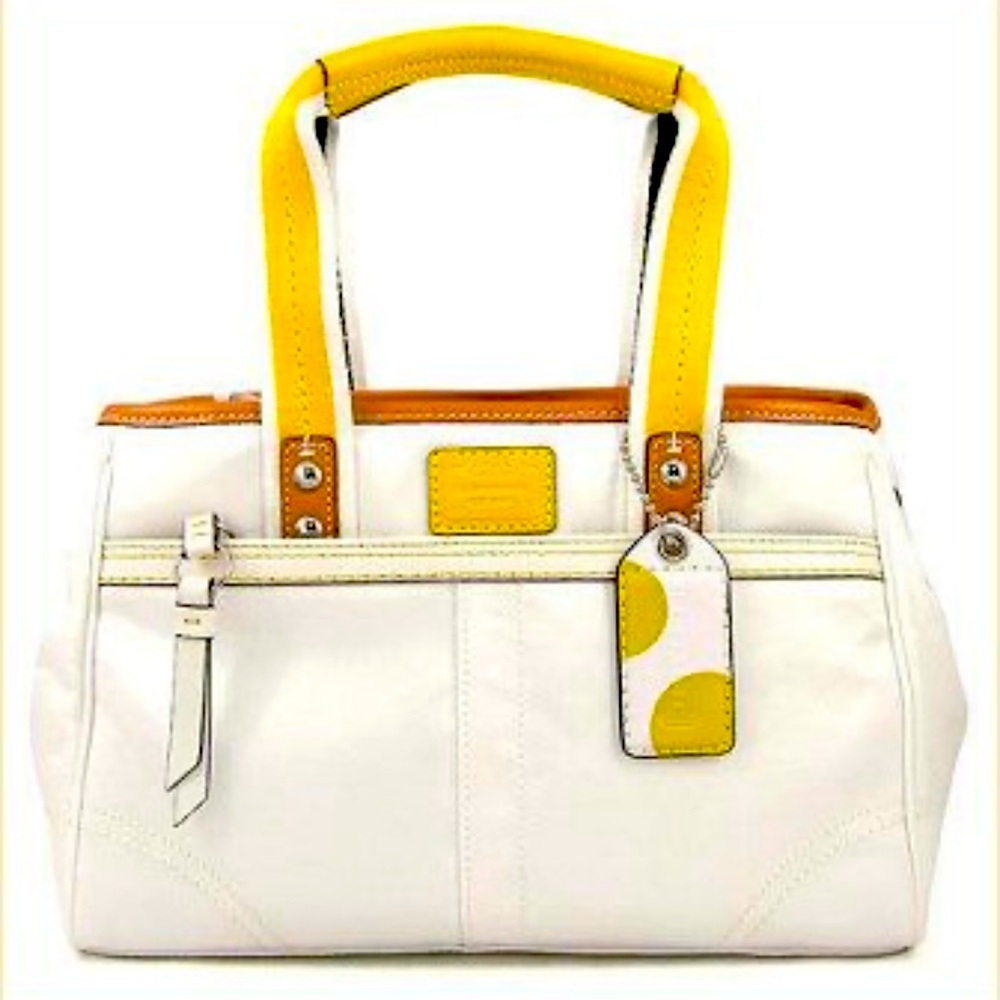 COACH Hampton Nylon Sateen Leather Handbag, ivory and yellow